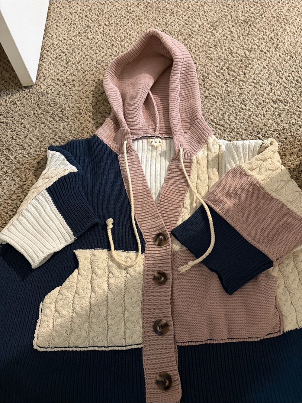 POL Patchwork Cable Knit Hooded Cardigan Sweater Size S